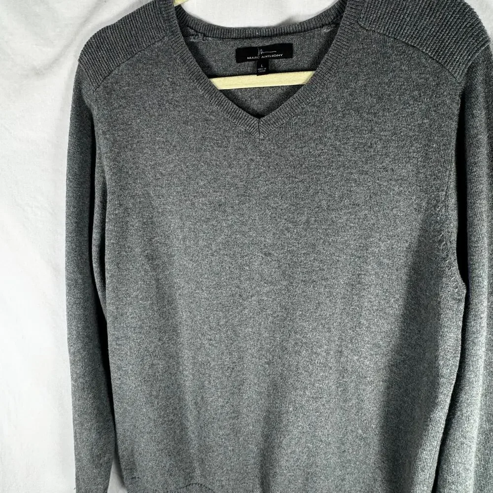 Marc Anthony Men's Gray V Neck Sweater Large Cotton Cashmere Blend Long Sleeve - Picture 2 of 8